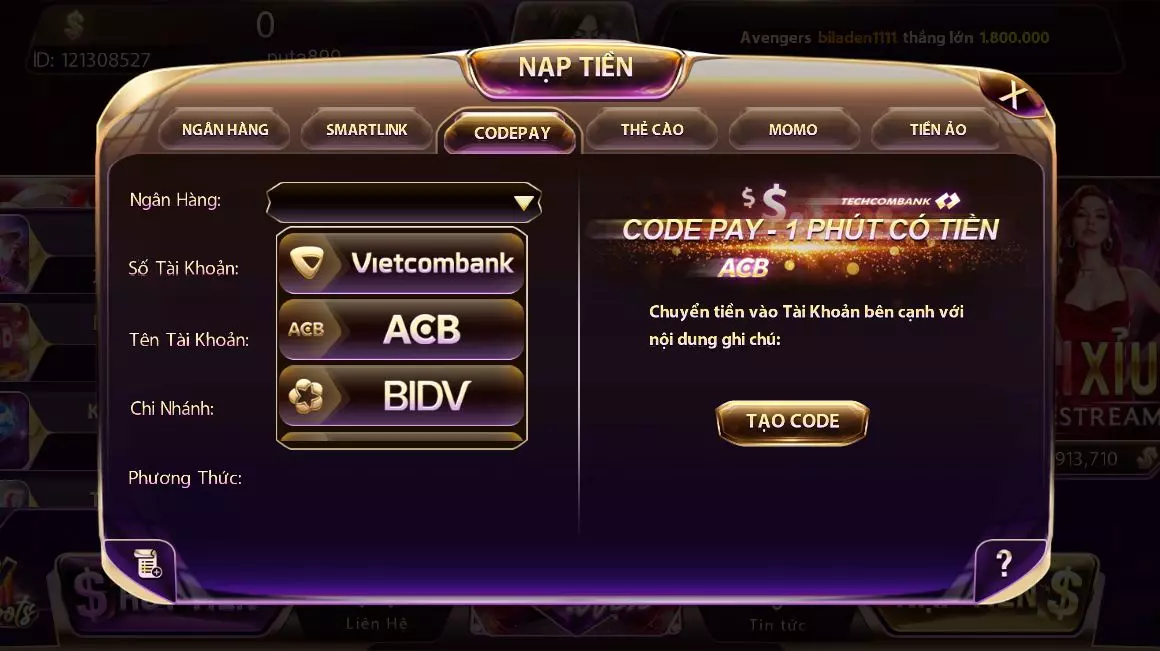 Nạp tiền vào tài khoản qua hình thức Giftcode